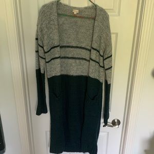 Long dark teal and gray cardigan